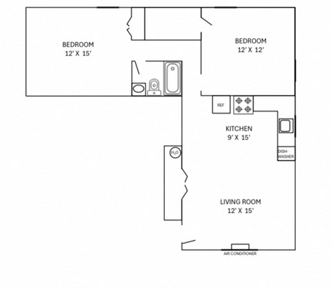 floor plan of a 2 bedroom 1 bathroom unit